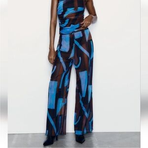 Zara Pants Tulle Sheer Black Blue Abstract Wide Leg Size L NEW